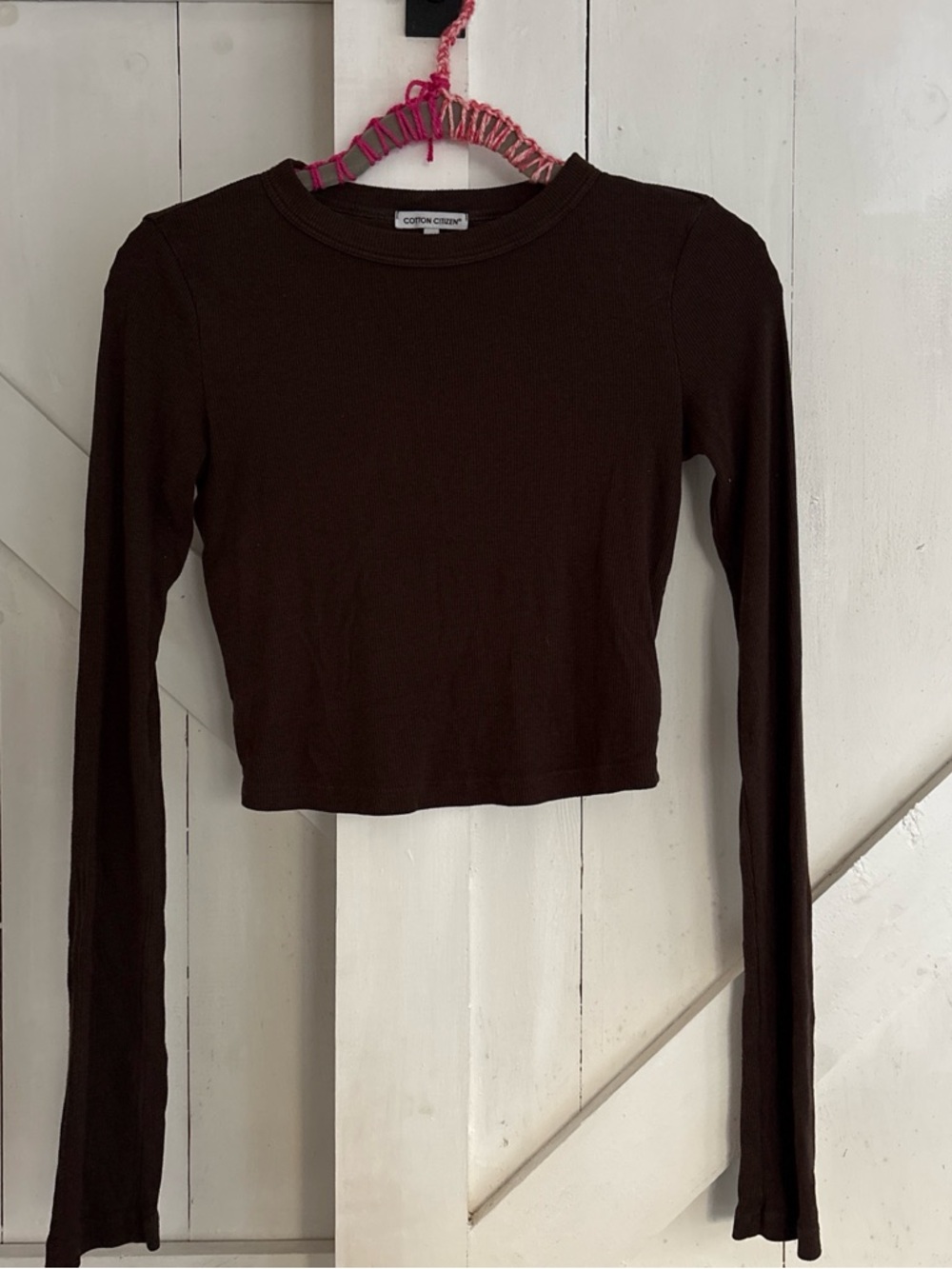 Cotton Citizen Long Sleeve Ribbed Cropped Top in Dark Brown